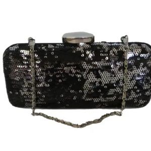 Ashro black and silver Sequins Minaudiere, clutch with clasp closure.